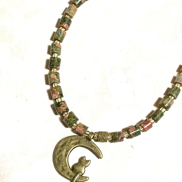 Unakite Stone Bronze Cat on the Moon Necklace, Genuine Gemstone Beaded Necklace - Picture 7 of 9